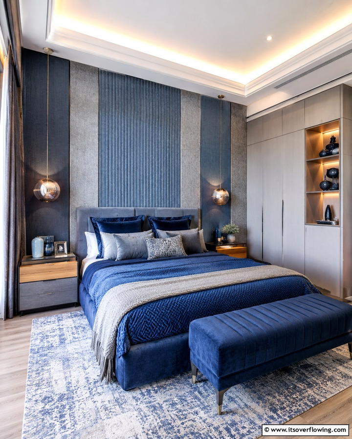 Textural Blue Harmony - 30 Calming Blue and Grey Bedroom Ideas for Relaxing Retreats
