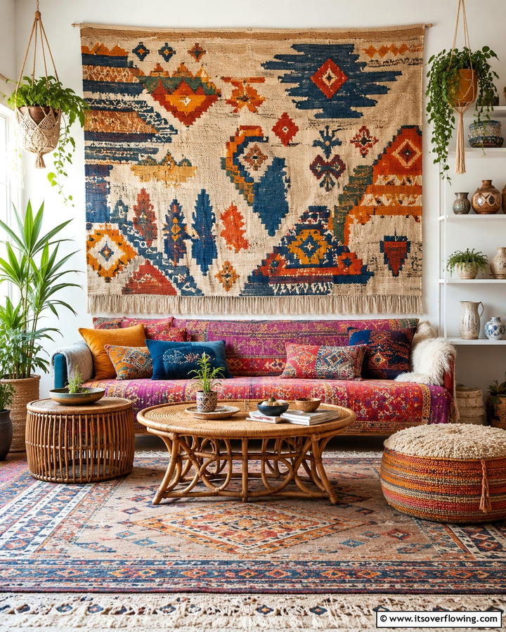 Textural Wall Tapestries - 25 Colorful Boho Living Room Ideas for a Vibrant Space