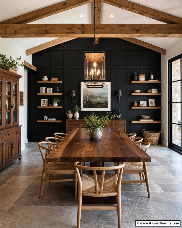 Texture with Wood Elements - 20 Black Accent Wall Dining Room Ideas for a Bold Look