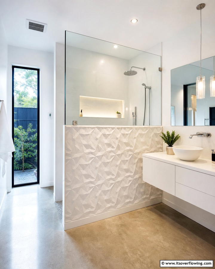 Textured Accent Wall - 30 Half-Wall Shower Ideas- Sleek Bathroom Design Solutions