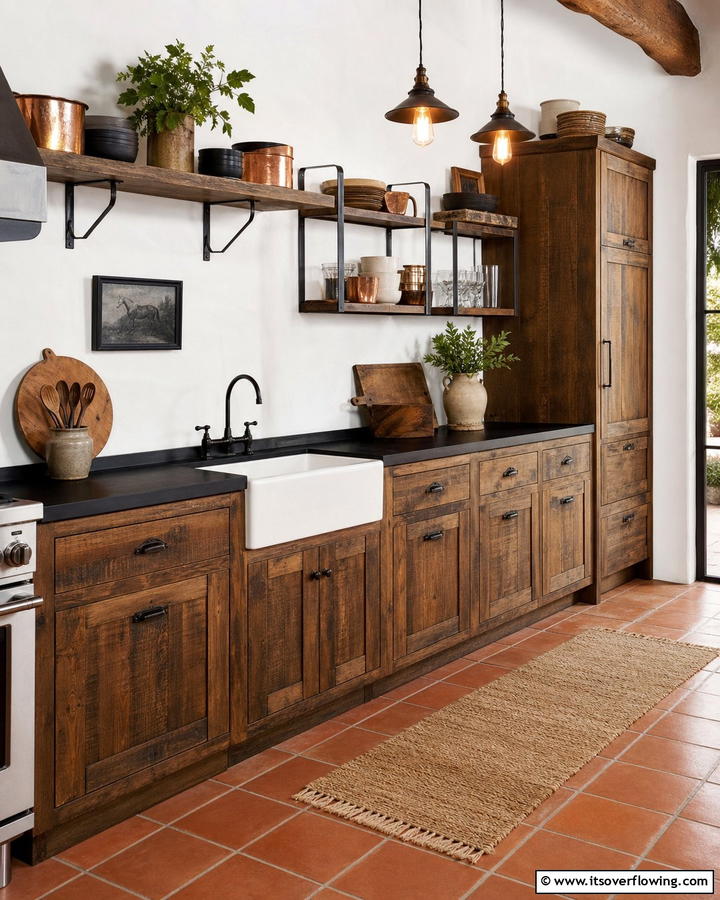 Textured Appeal with Reclaimed Wood - 25 Brown Kitchen Cabinets With Black Countertops
