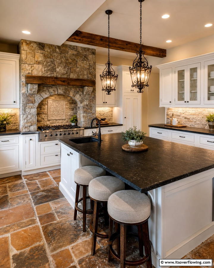 Textured Appeal with Stone Accents - 20 Kitchen Ideas with Dark Countertops and Light Cabinets