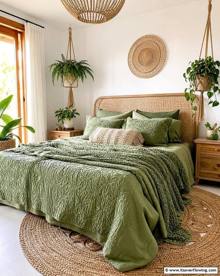 Textured Bedding - 20 Green Boho Bedroom Ideas for a Relaxing Retreat