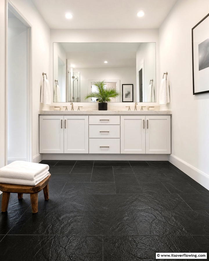 Textured Black Floors with Smooth White Walls - 20 Black Floor Bathroom With White Walls Ideas for Contrast