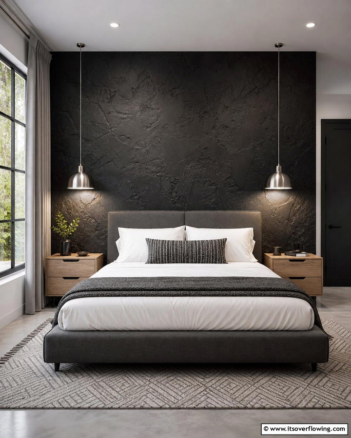 Textured Black Paint - 25 Black Accent Wall Bedroom Ideas for Drama