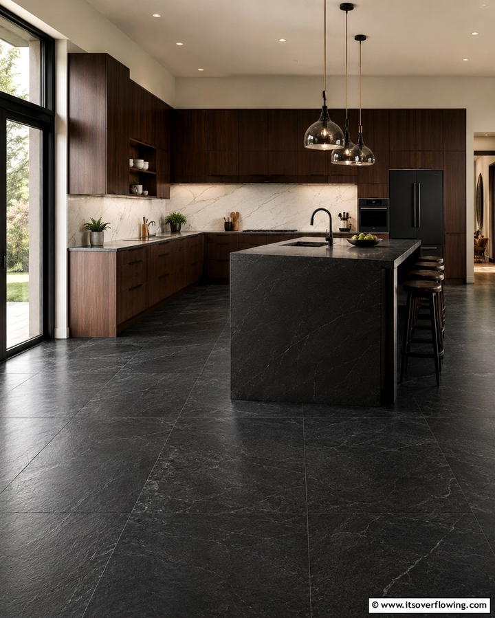 Textured Black Porcelain Appeal - 30 Sleek Black Floor Kitchen Ideas for Contemporary Designs