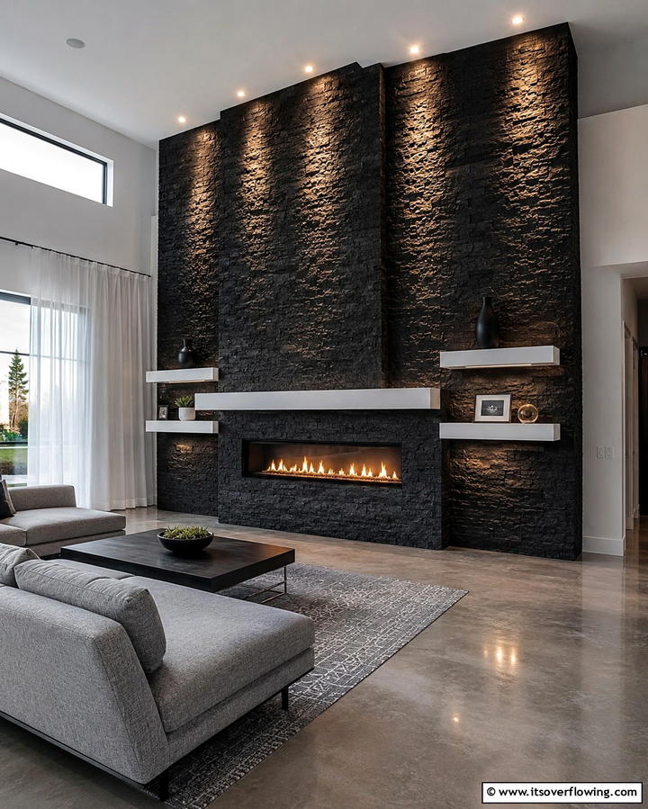 Textured Black Stone with Recessed Lighting - 25 Elegant Black Stone Fireplace Ideas