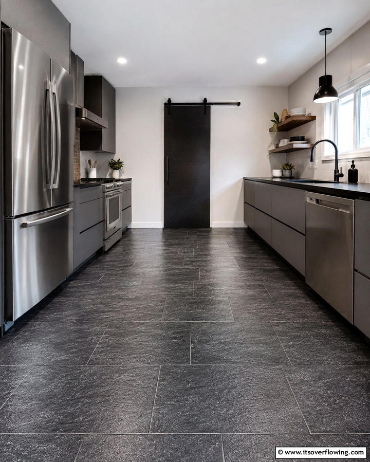 Textured Black Tiles for Added Grip - 25 Black Kitchen Floor Ideas for a Sleek and Stylish Space