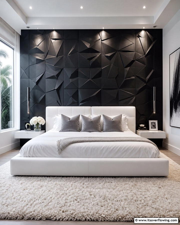 Textured Black Wall Panels - 25 Black Accent Wall Bedroom Ideas for Drama