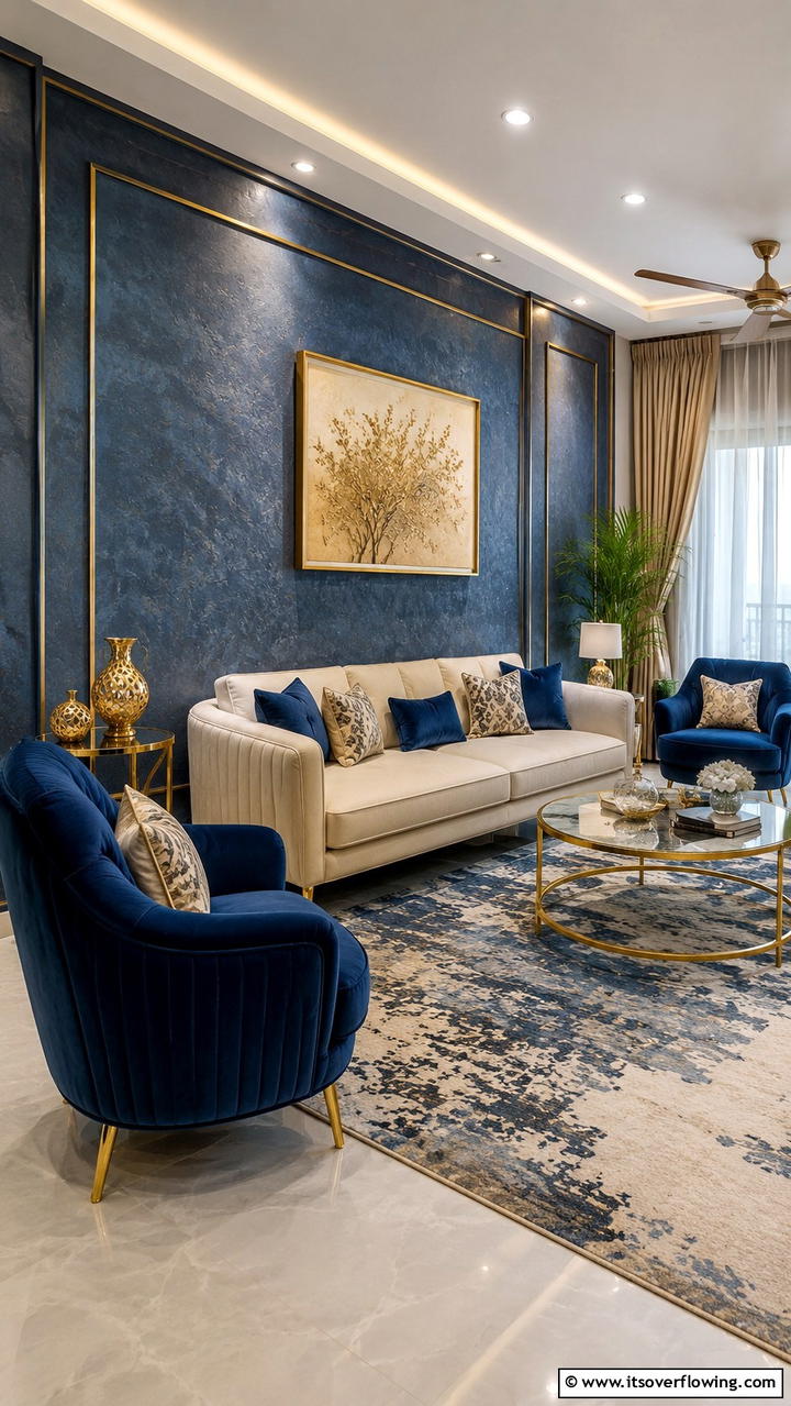 Textured Blue Walls with Gold Highlights - 30 Stunning Blue and Gold Living Room Ideas for Elegant Spaces