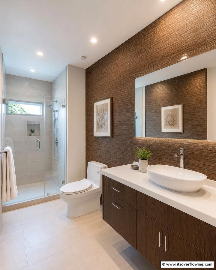 Textured Brown Wallpaper for Visual Interest - 25 Brown Bathroom Ideas for a Warm and Inviting Space