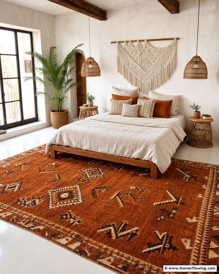 Textured Burnt Orange Rugs - 20 Boho Burnt Orange Bedroom Ideas for a Warm Ambiance