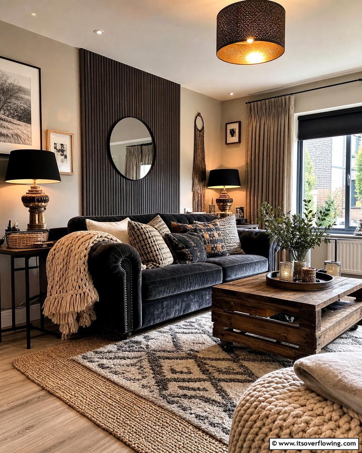 Textured Contrast Harmony - 21 Dark Grey Couch Living Room Styling Ideas