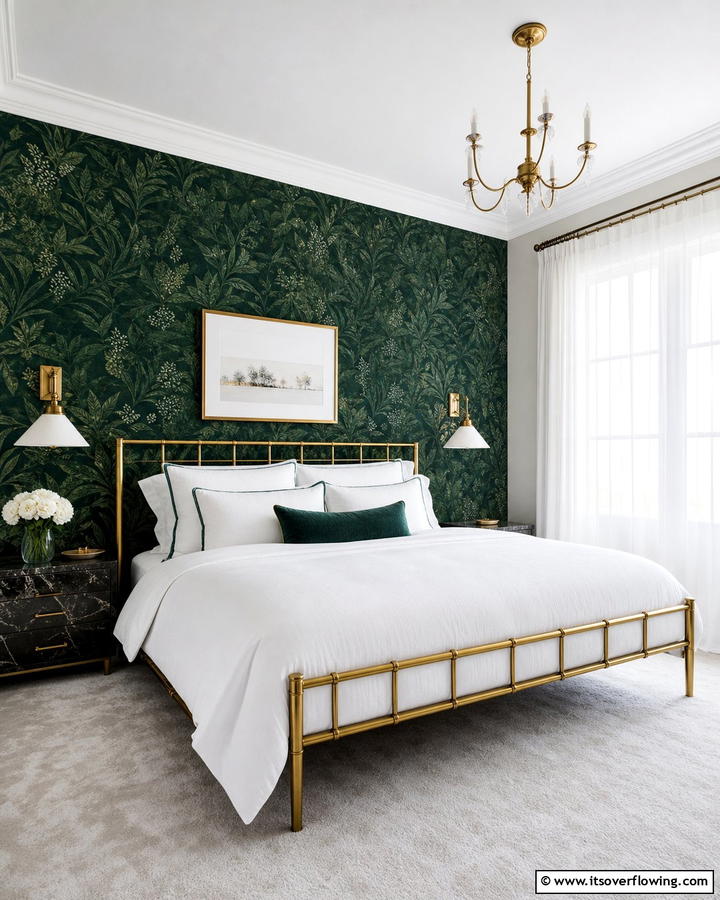 Textured Dark Green Wallpaper - 21 Dark Green Bedroom Ideas- Moody & Luxurious Spaces