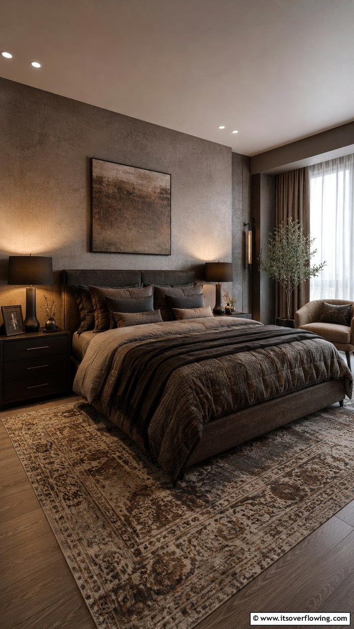 Textured Dark Neutrals - 30 Dark Bedroom Ideas- Moody and Sophisticated Retreat
