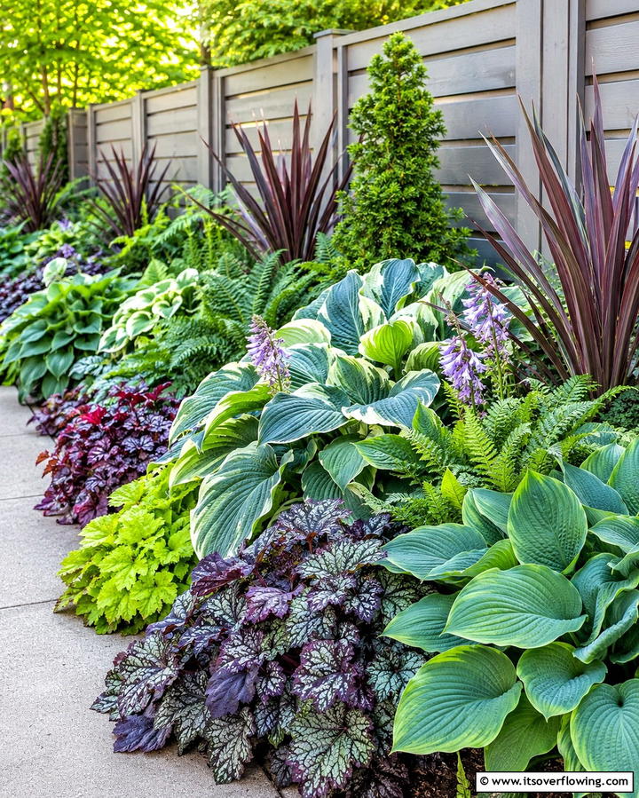 Textured Foliage Blend - 30 Simple Fence Line Landscaping Ideas for Curb Appeal