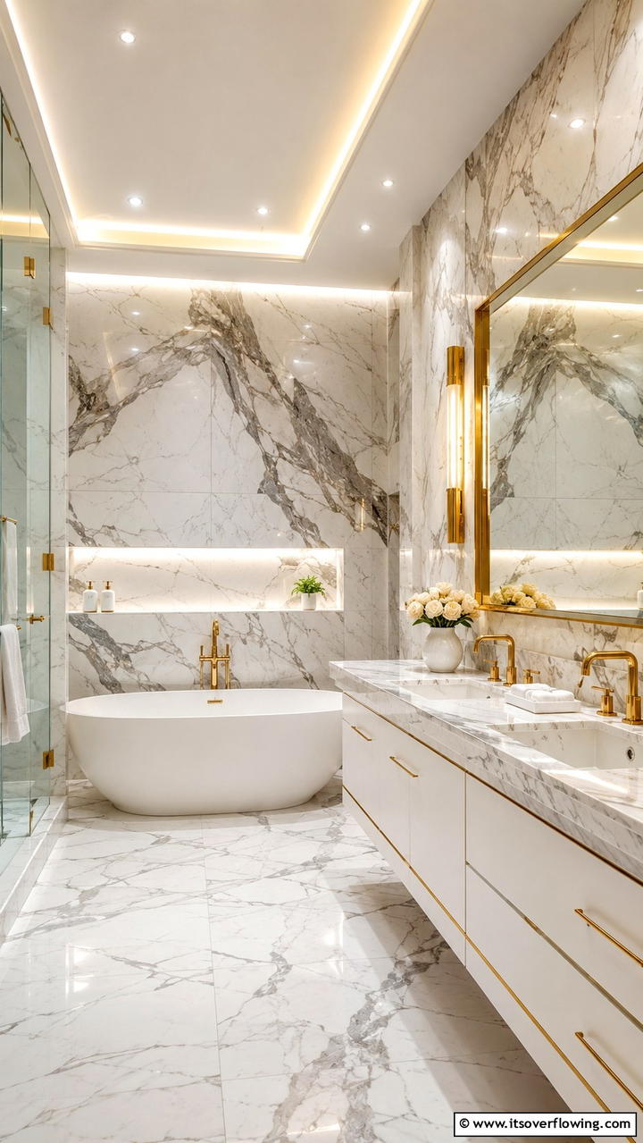 Textured Gold Infused Tiles - 30 Gold Bathroom Ideas for Luxurious, Modern Spaces