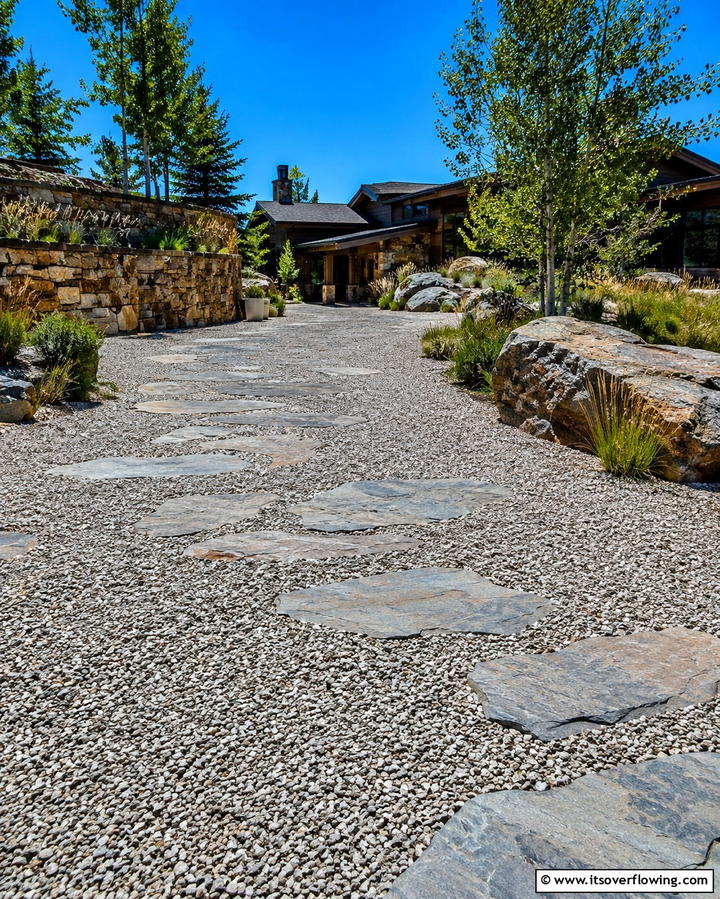 Textured Gravel with Natural Stones - 30 Gravel Driveway Ideas- Durable & Stylish Options