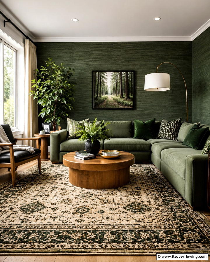 Textured Green Layers - 30 Forest Green Living Room Ideas for Nature-Inspired Interiors