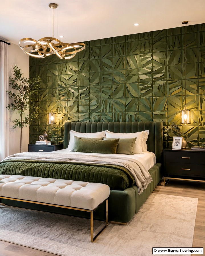 Textured Green Wall Panels - 30 Green Panelling Ideas for a Serene Bedroom