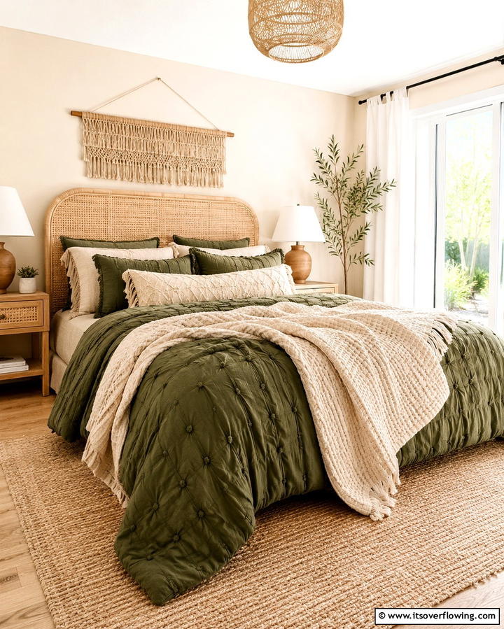 Textured Green and Beige Bedding - 25 Serene Green and Beige Bedroom Design Ideas