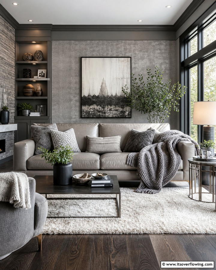 Textured Grey Layers - 30 Grey Living Room & Dark Wood Floor Design Combinations