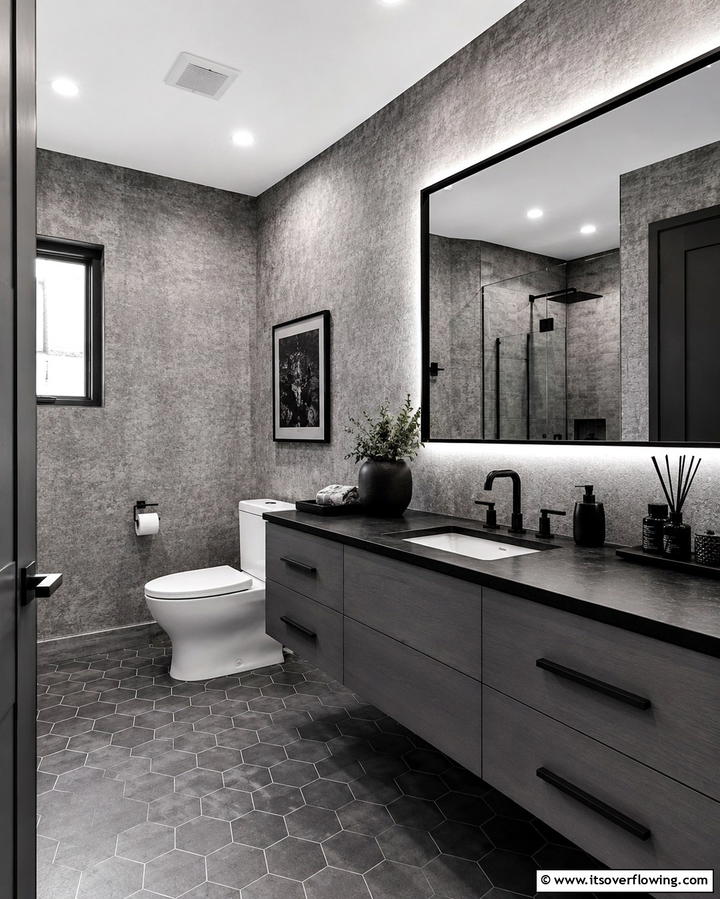 Textured Grey Wallpaper - 25 Black and Grey Bathroom Ideas for a Sleek Design