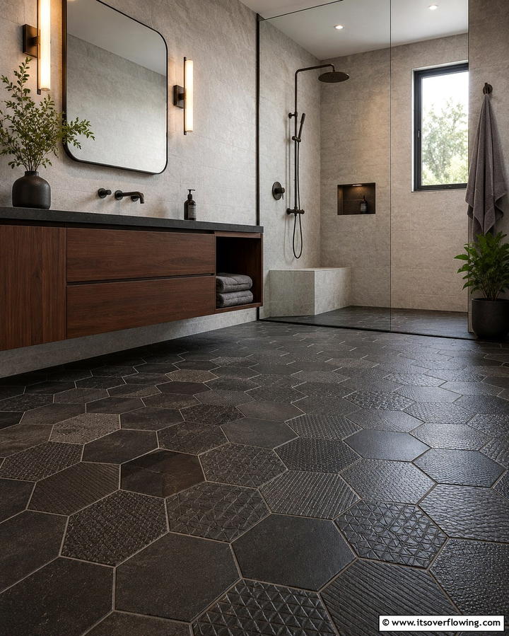 Textured Hexagon Tiles for Added DepthOne - 30 Bathrooms with Hexagon Tile Floor Design Ideas