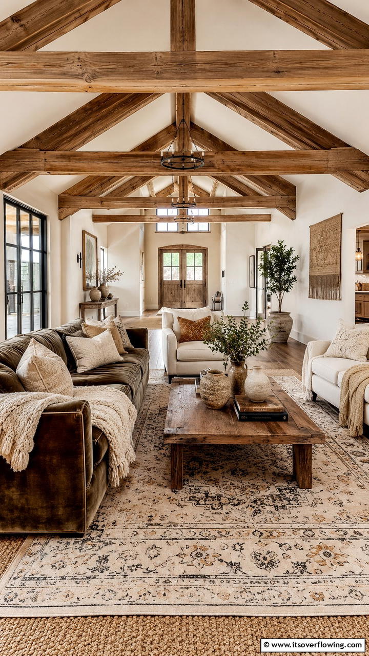 Textured Layering - 30 Exposed Beam Living Room Ideas for Rustic Charm