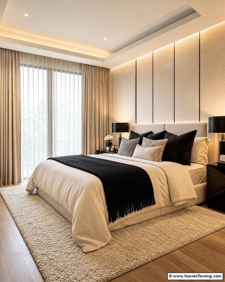 Textured Layers for Depth and Warmth - 21 Cream & Black Bedroom Ideas- Sophisticated Contrast