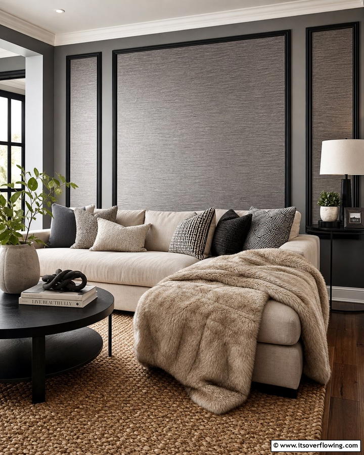 Textured Layers - 25 Living Room With Grey Walls and Black Trim Ideas