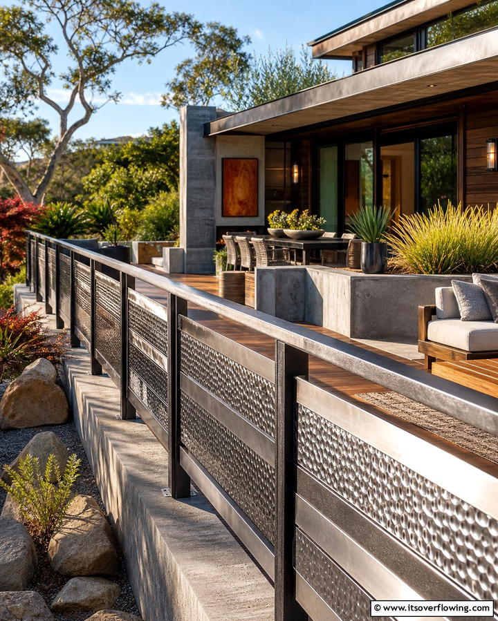Textured Metal Accents - 30 Modern Metal Deck Railing Ideas for Stylish Outdoor Spaces