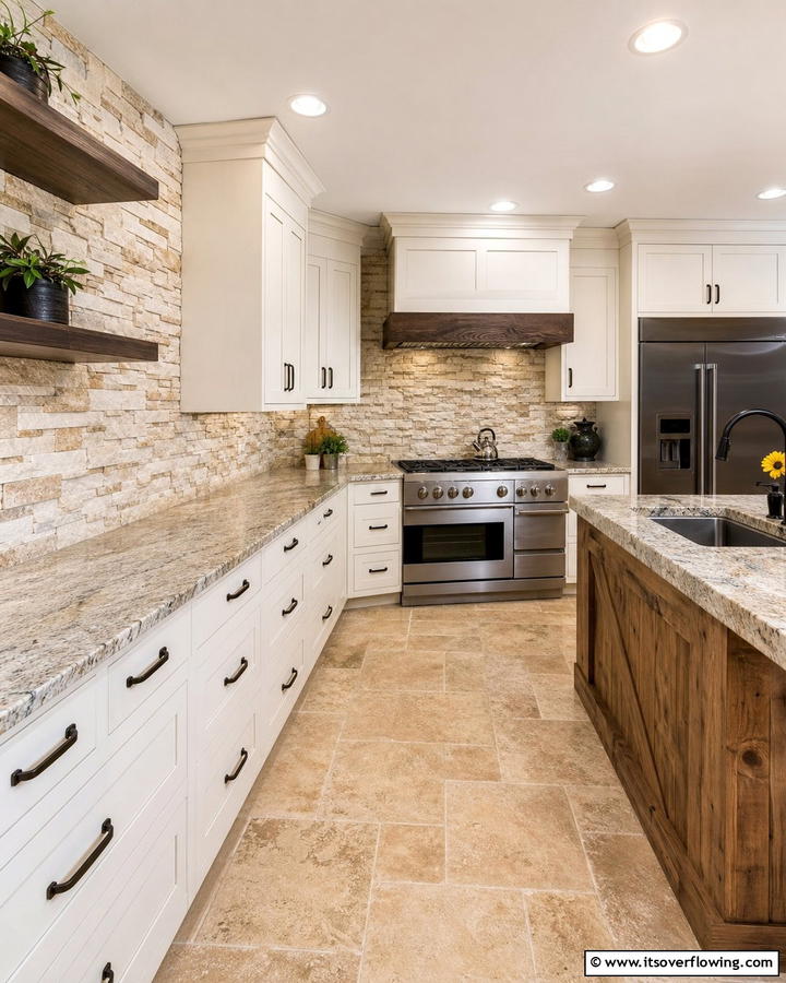 Textured Natural Stone - 21 Backsplash Ideas for White Cabinets and Granite Counters