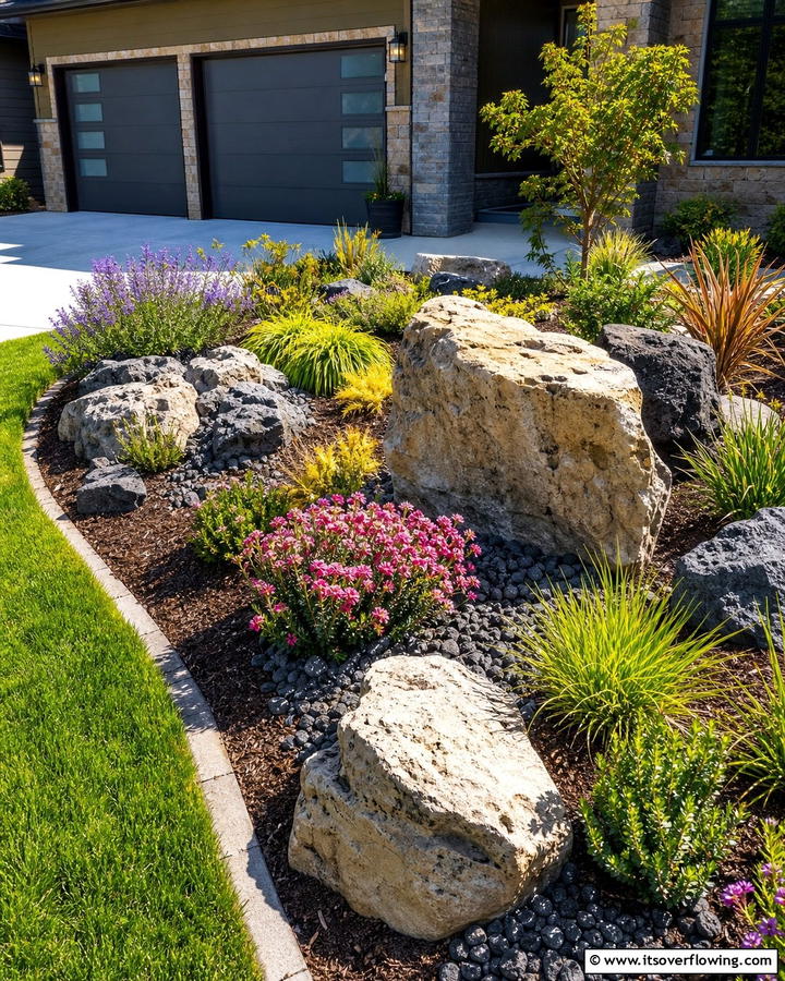 Textured Rock Accents - 21 Front Yard Landscaping Ideas With Rocks and Mulch