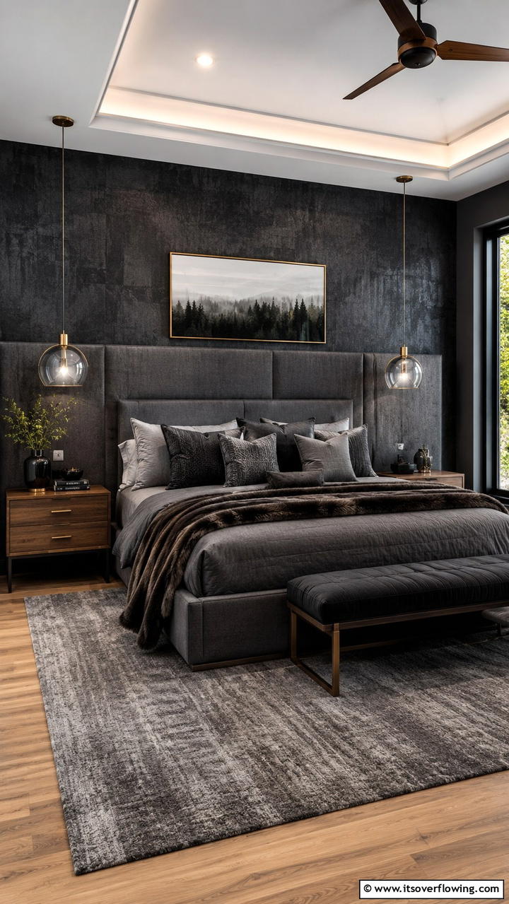 Textured Sophistication in Dark Grey - 30 Dark Grey Bedroom Ideas for Modern Serene Spaces