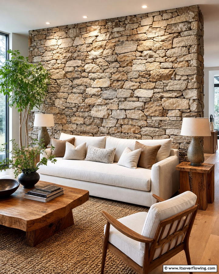 Textured Stone Accent - 30 Striking Living Room Accent Wall Ideas for Bold Style