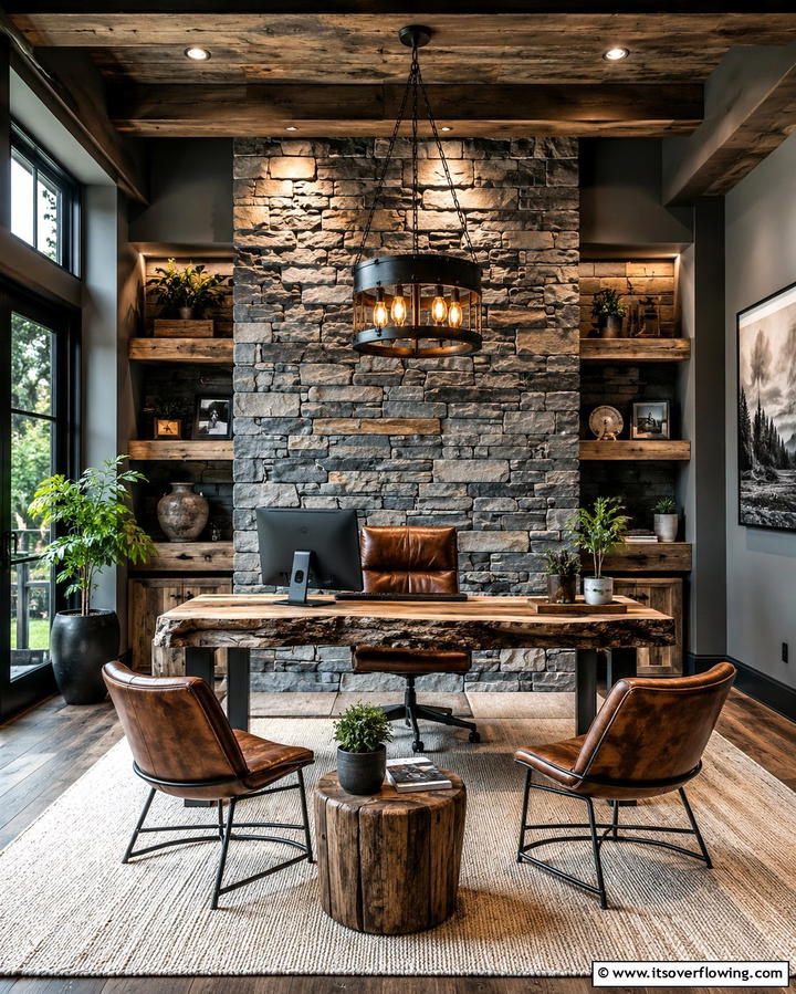 Textured Stone Accents - 30 Rustic Home Office Ideas for a Cozy Workspace