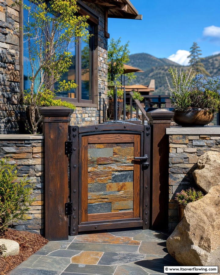 Textured Stone Accents - 30 Deck Gate Ideas for Safety and Outdoor Style