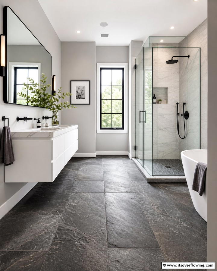 Textured Stone Flooring - 25 Stone Bathroom Ideas for a Rustic and Elegant Look