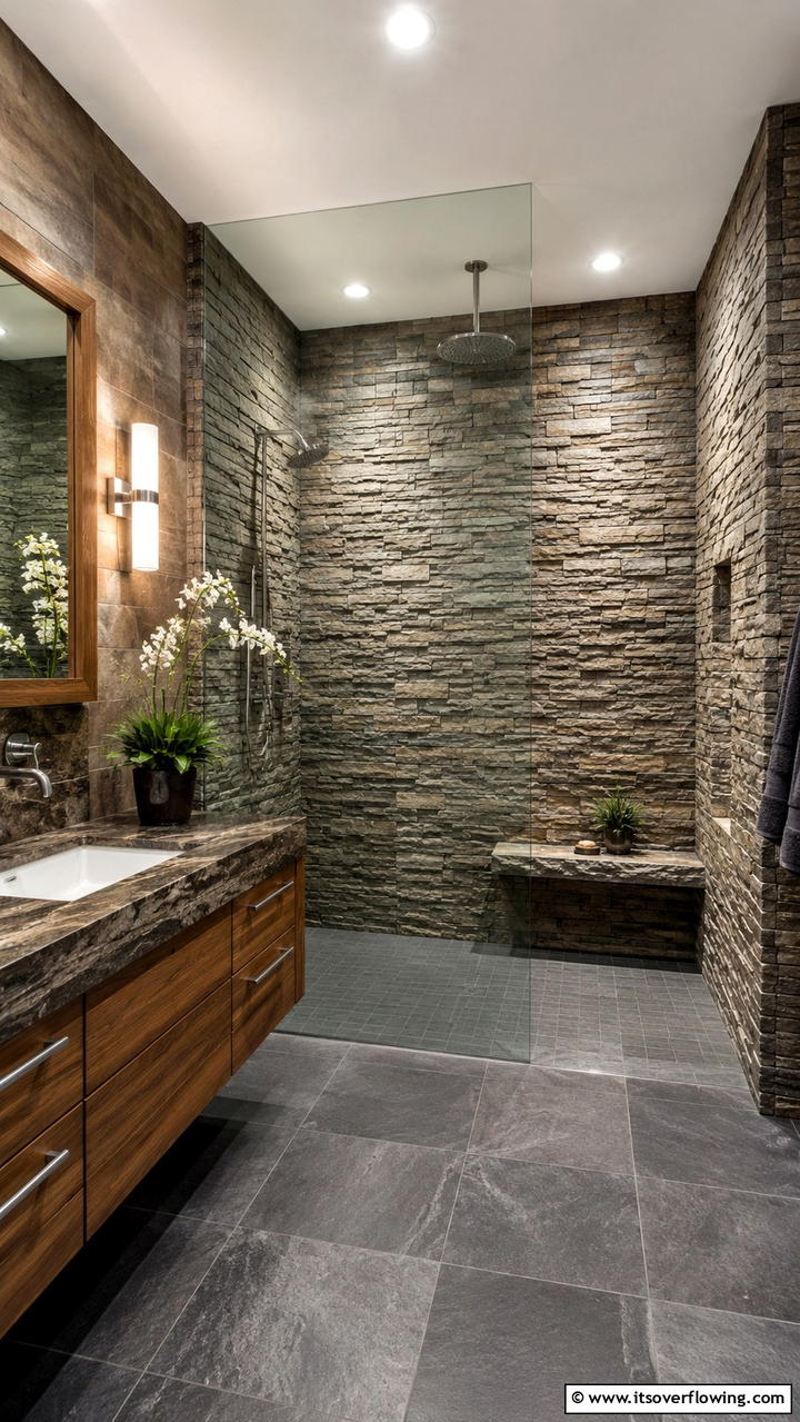 Textured Stone Surround - 30 Doorless Walk-In Shower Ideas for Modern Bathrooms