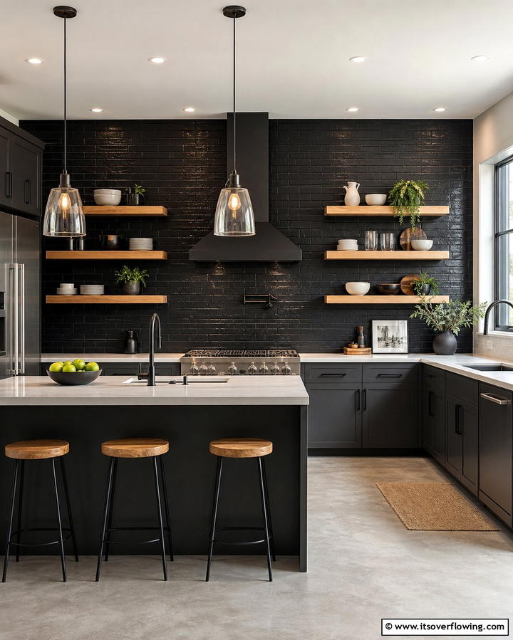Textured Subway Tiles - 25 Kitchen With Black Backsplash Ideas for Drama