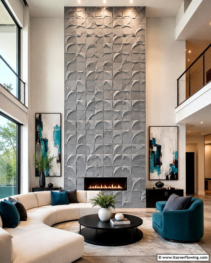 Textured Tile Sophistication - 25 Two-story Fireplace Ideas for Cozy Ambiance