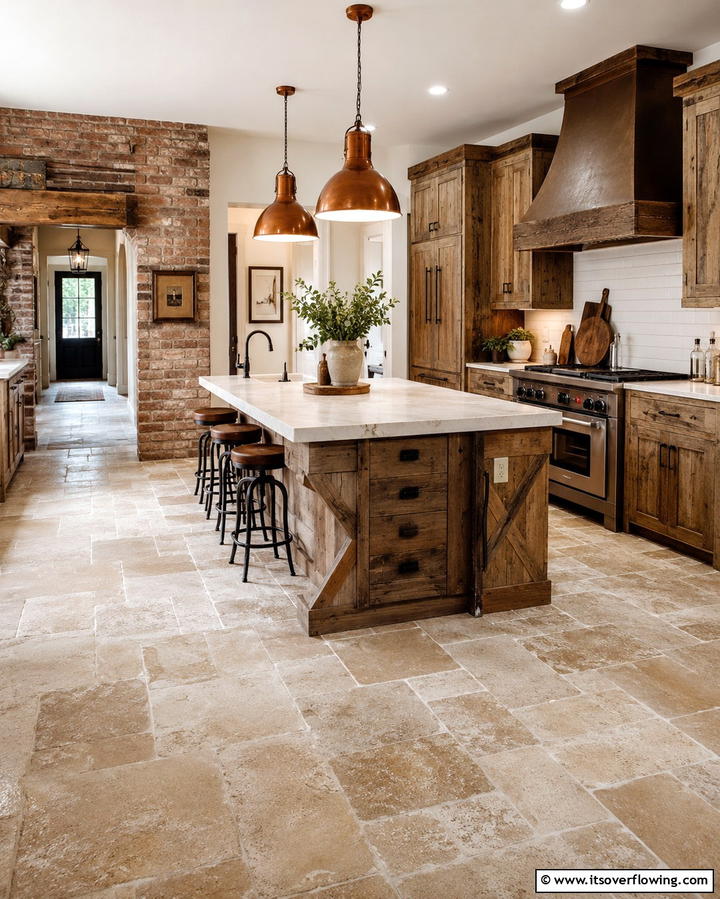 Textured Tumbled Finish - 25 Travertine Floor Kitchen Ideas for Elegance