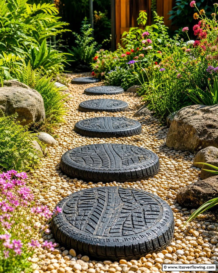 Textured Tyre Stepping Stones - 21 Recycled Tyre Garden Art Ideas for Eco-Conscious Spaces