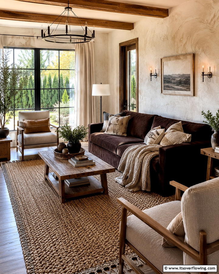 Textured Variety with Rugs and Throws - 30 Warm Dark Brown Couch Styling Ideas for Cozy Living Rooms