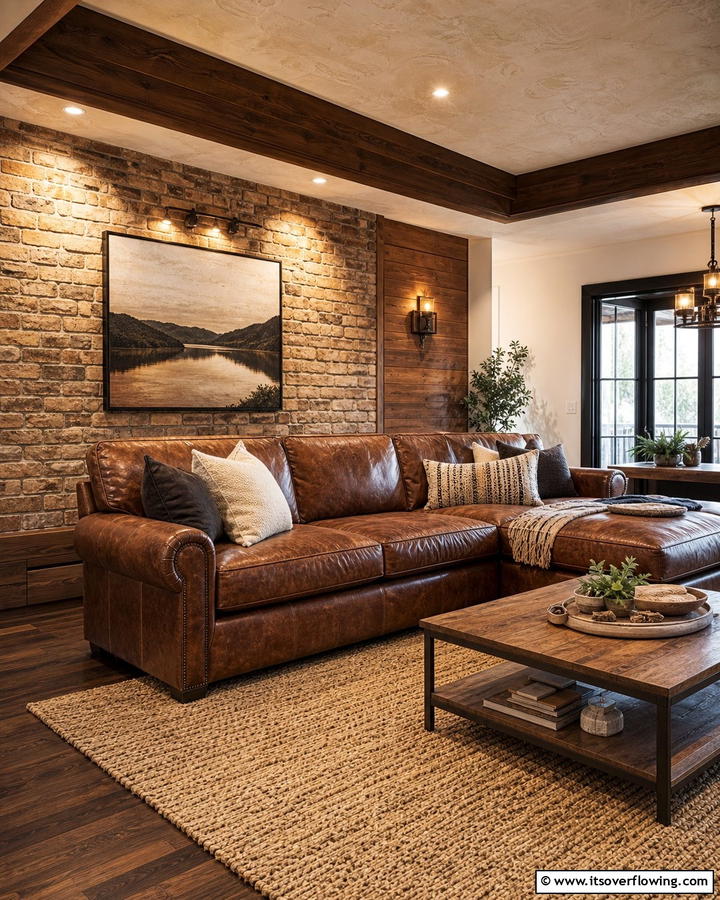 Textured Walls for Contrast - 25 Brown Leather Couch Living Room Ideas