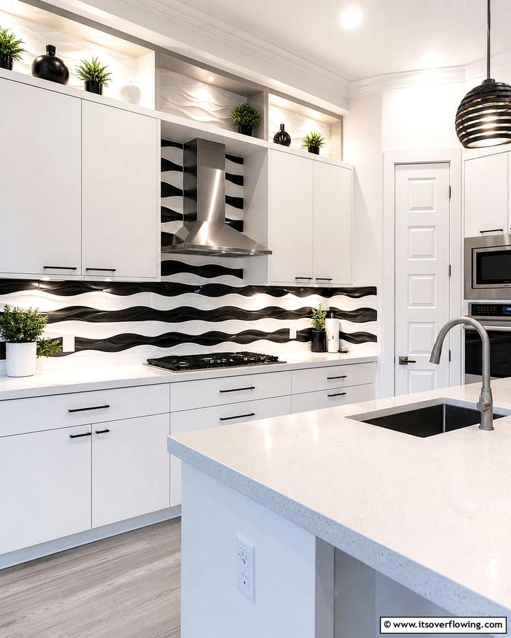 Textured Wave Tiles - 25 Black and White Kitchen Backsplash Ideas