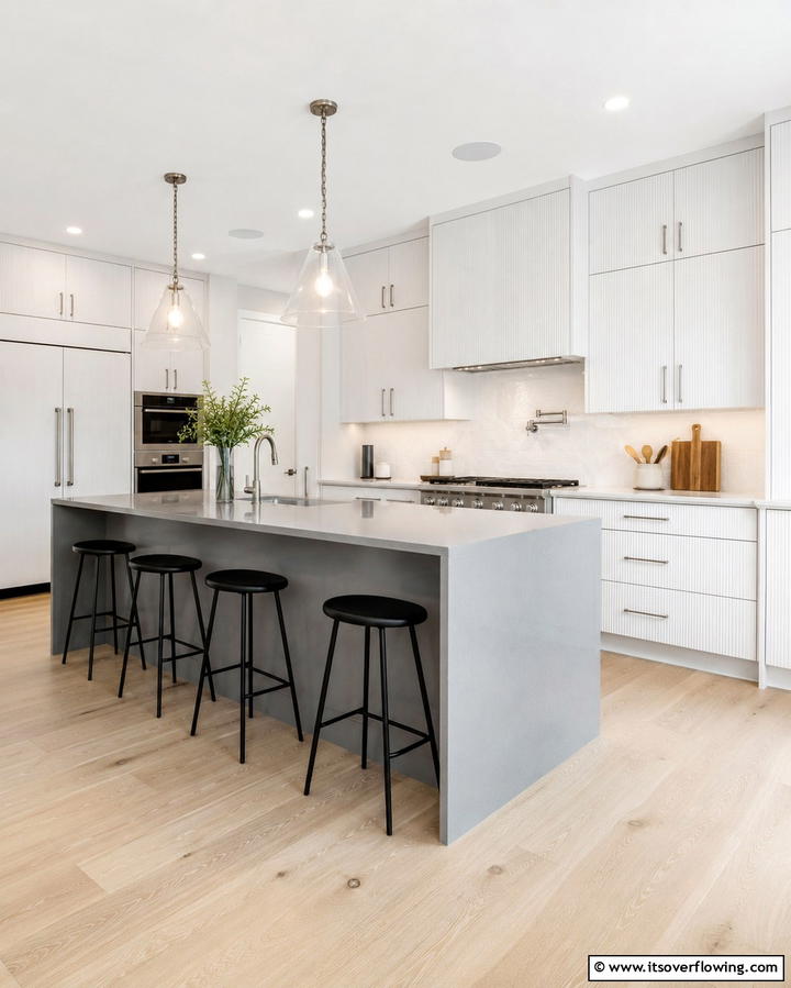Textured White Cabinets with a Grey Island - 25 White Kitchen Cabinets with Grey Island Ideas