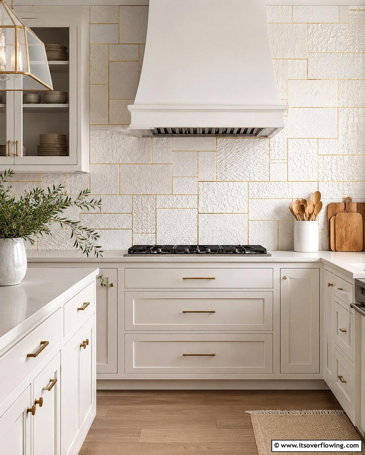 Textured White Tiles with Gold Grout - 25 White and Gold Kitchen Backsplash Ideas for Elegance