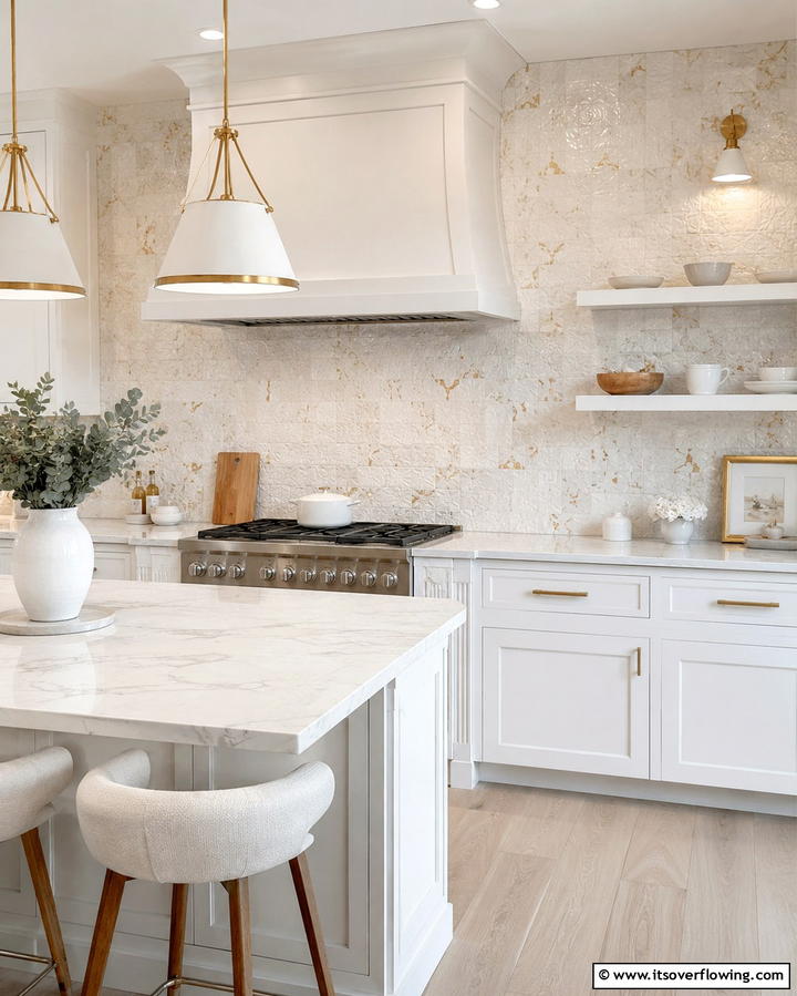 Textured White Tiles with Gold Highlights - 25 White and Gold Kitchen Backsplash Ideas for Elegance